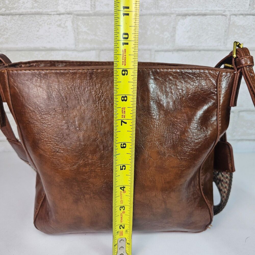 Vintage Brown Faux Leather Crossbody Bag Boho Western Wide Strap Purse - Picture 10 of 12